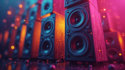 close up of a speaker, Disco party vibe Colorful speakers in the background creating excitement, Electrifying Night A Black, Pink, Blue, and Yellow Music Party Speakers, Ai generated image