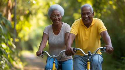 Active Lifestyle: Senior African American Couple Enjoying a Bike Ride in Nature