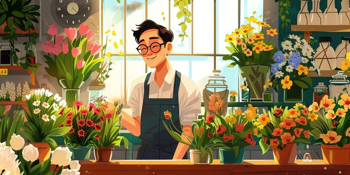 Friendly florist standing in flower shop surrounded by floral plants