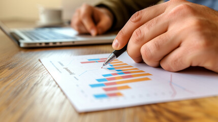 Professional person analyzing graphs, Discussing graphs, charts, empty blurry space, Ai generated image