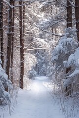 Snow-laden trees form a captivating arch over a secluded forest path in a tranquil winter setting.