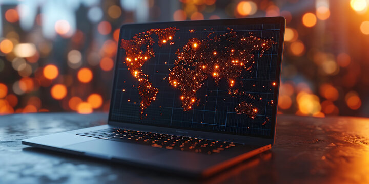 Laptop with world map for data processing Complexity graphs and analytical diagrams in technology background Bright neon dark