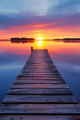 Wooden jetty extends into a calm lake reflecting a vibrant sunset with clouds painted across the sky.