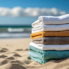 Fototapeta na wymiar Folded Beach Towels Stacked on a Sandy Ocean Beach