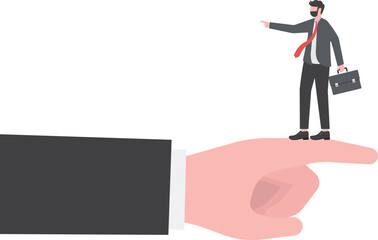 Employee conflict direction, argument between coworker, different thought, disagreement or opposite way, decision issue concept, tiny businessman standing on giant hand pointing in opposite direction.