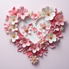 Beautiful Valentine's Day Background with Pink Love Heart. Paper Cut Flowers Design with copy-space.
