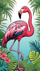 pink flamingo on a background of tropical leaves, background wallpaper, illustration