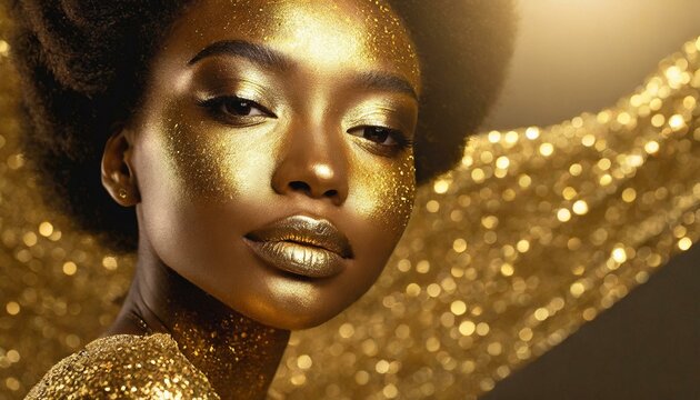 Portrait closeup Beauty african woman face in gold paint. Golden shiny skin. Fashion model girl posing