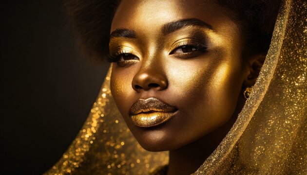 Portrait closeup Beauty african woman face in gold paint. Golden shiny skin. Fashion model girl posing