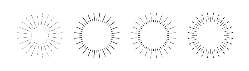 Sunburst set Outline. Sun ray illustration isolated. Rays light, burst line, sunshine sunbeam, firework explosion, stars template PNG