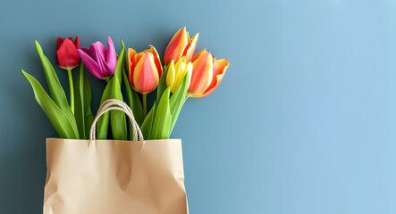 Bouquet of tulips in a gift bag on a blue background. Concept for international women's day, Valentine's day and romantic anniversaries. Copy space. Banner. - obrazy, fototapety, plakaty