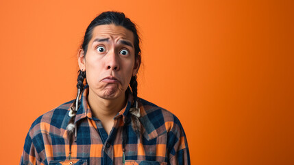 Fototapeta premium Shadows of Dread: Native American Man Conveying Fear and Anxiety, Isolated Against Solid Background with Copy Space