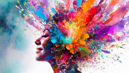 Colorful painted explosion in head. Concept of creative mind and imagination. Silhouette of human hand with colored fragment - obrazy, fototapety, plakaty