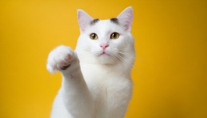 Full length portrait of a white cat, reaching one paw, yellow background