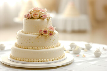 Obraz na płótnie Canvas Elegant Three-Tiered Wedding Cake Adorned with Delicate Pink Flowers