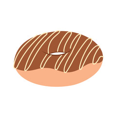Vector donut isolated on white background. Hand drawn flat donut with chocolate glaze and white chocolate on top. Sweet doughnut with sugar glaze