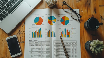 set of objects, Paper with statistics graphs on the desk in the office, white background, Ai generated image