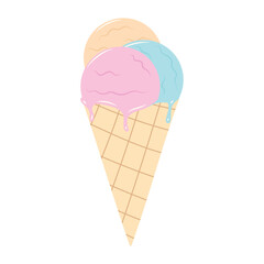 Melting ice cream balls in the waffle cone isolated on white background. Hand drawn vector flat ice cream in the cone with blue, pink and beige balls