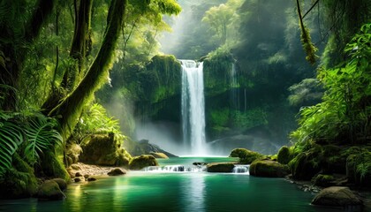 Misty enchanted waterfall in rainforest. Generated with AI