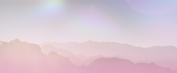 Soft pink and purple hues wash over a layered mountain silhouette under a gentle dreamy sky. Abstract science fiction panoramic background. Futuristic fantasy landscape, sci-fi.
