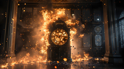A dark and cinematic photograph of a grand clock set on fire, creating a captivating visual metaphor for the inevitability of time's passage


