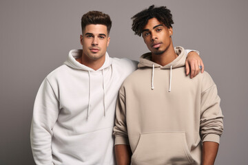 Stylish young guys of different races in hoodies on a beige background. Sports handsome male models, trendy clothes, hipster students. Men multicultural friends - obrazy, fototapety, plakaty