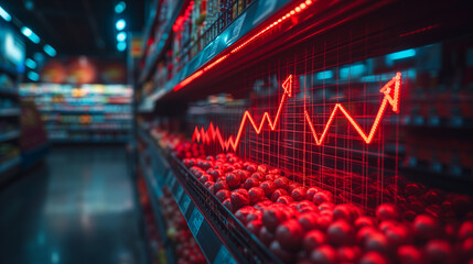 Shopping cart in the market, Red growing up large arrow on abstract blur image of supermarket background. Bar charts and graphs. Rising food prices. Inflation concept, Ai generated image - obrazy, fototapety, plakaty