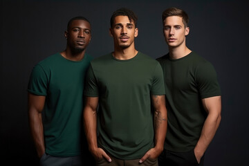 Group of men from different countries and cultures. Stylish handsome young guys on dark green background. Well-groomed male models of different ethnic group, races, multicultural friends