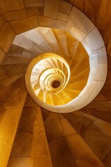 Warm light enhances the hypnotic spiral of an elegant stone staircase, invoking a sense of infinite descent.