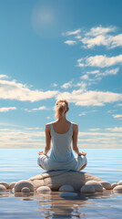 Fototapeta na wymiar Beach Yoga, Zen atmosphere, Balanced composition, Wellness, blue sky, Mindful practice