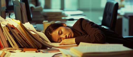 Exhausted office worker sleeps among piles of paperwork, a poignant statement on work-life balance