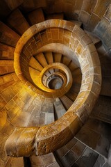 Naklejka premium Warm light enhances the hypnotic spiral of an elegant stone staircase, invoking a sense of infinite descent.