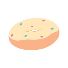 Hand drawn flat donut isolated on a white background. Cute, colorful donut with beige glaze and colorful sprinkles. Simple modern design. Realistic vector illustration in flat style