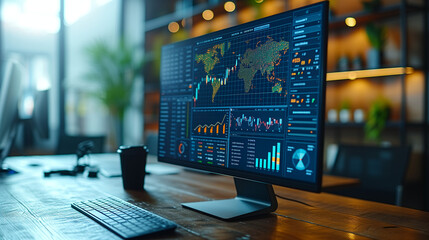 stock market data, The side view of a computer screen displaying multiple financial reports, graphs and pie in corporate office background, Ai generated image - Powered by Adobe