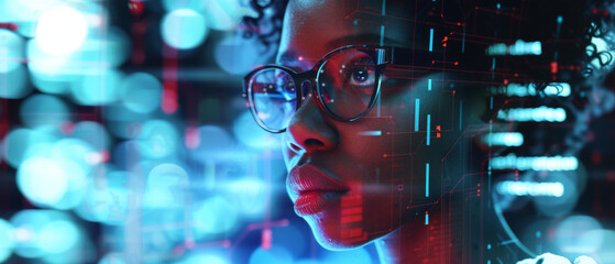A woman's gaze pierces through a matrix of data, symbolizing the fusion of human intellect and advanced technology