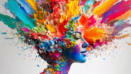 Colorful painted explosion in head. Concept of creative mind and imagination. Silhouette of human hand with colored fragments - obrazy, fototapety, plakaty