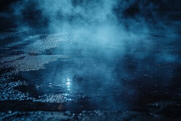 Dark street, wet asphalt, reflections of rays in the water. Abstract dark blue background, smoke, smog. Empty dark scene, neon light, spotlights. Concrete floor