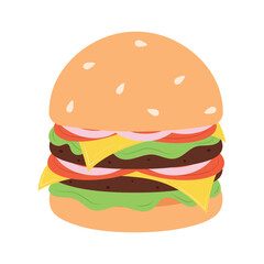 Hand drawn flat burger icon. Vector illustration flat juicy delicious hamburger isolated on white background. Take away food