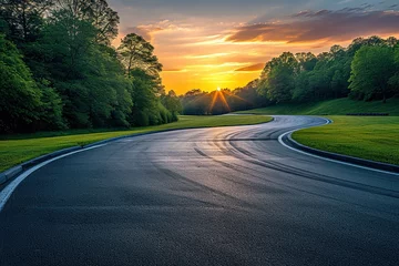 Photo sur Plexiglas Europe du nord Empty race track and green woods nature landscape at sunset