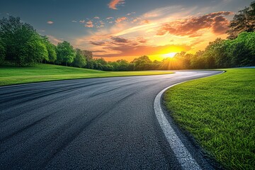 Empty race track and green woods nature landscape at sunset