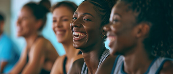 Shared laughter in a yoga session, where each smile tells a story of joy, wellness, and community spirit