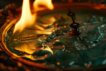 A close-up photograph of a vintage clock face melting into liquid fire, capturing the fragile and transient essence of time


