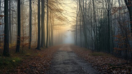 Early morning light breaks through mist in an autumnal park, illuminating a path lined with golden leaves.