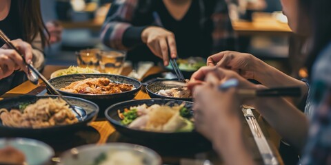 Japanese friends, choose and menu in restaurant for dinner, nutrition and hungry to order meal for diet. People, together and asian lunch in tokyo city with choice of flavor and dessert on vacation