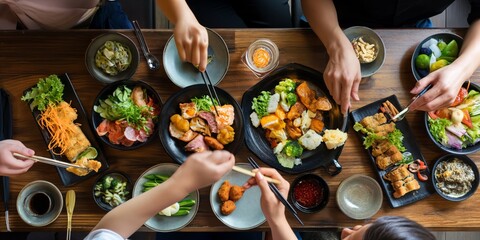 Japanese friends, choose and menu in restaurant for dinner, nutrition and hungry to order meal for diet. People, together and asian lunch in tokyo city with choice of flavor and dessert on vacation