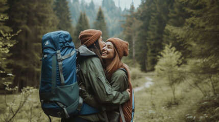 Obraz premium Happy LGBTQ lesbian couple travelers enjoy hiking with backpacks in forest trail