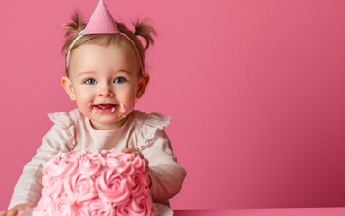 Obraz na płótnie Canvas Baby girl with Birthday cake showing dessert on solid color background with copyspace for text