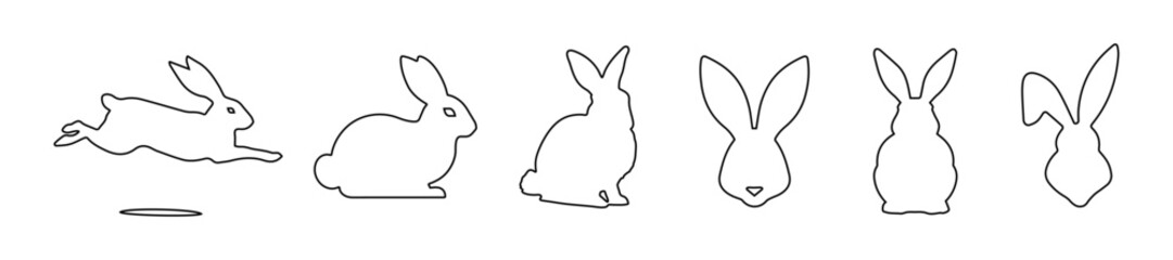 Set of rabbits in outline. Easter bunnies. Isolated on white backdrop. A simple black icons of hares. Cute animals. Ideal for logo, emblem, pictogram, print, design element for greeting card.