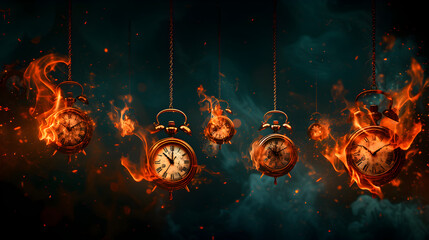 Abstract and surreal photo manipulation of multiple clocks suspended in the air, each one burning with vibrant flames, against a dark background


