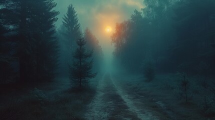 Fototapeta premium Morning sun rays pierce through the mist in a coniferous forest, creating a mystical ambiance on a tranquil path.